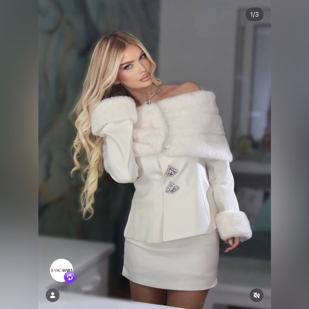 New Old Money Jessica Bara White Faux Fur Jacket and Matchinv Skirt size S - Picture 2 of 13